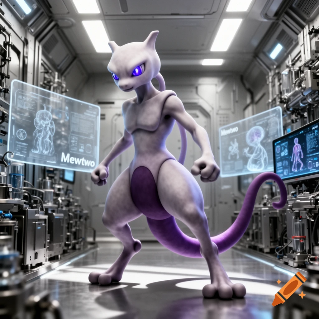 A realistic Mewtwo stands in a futuristic laboratory with glowing holographic displays and scientific equipment.