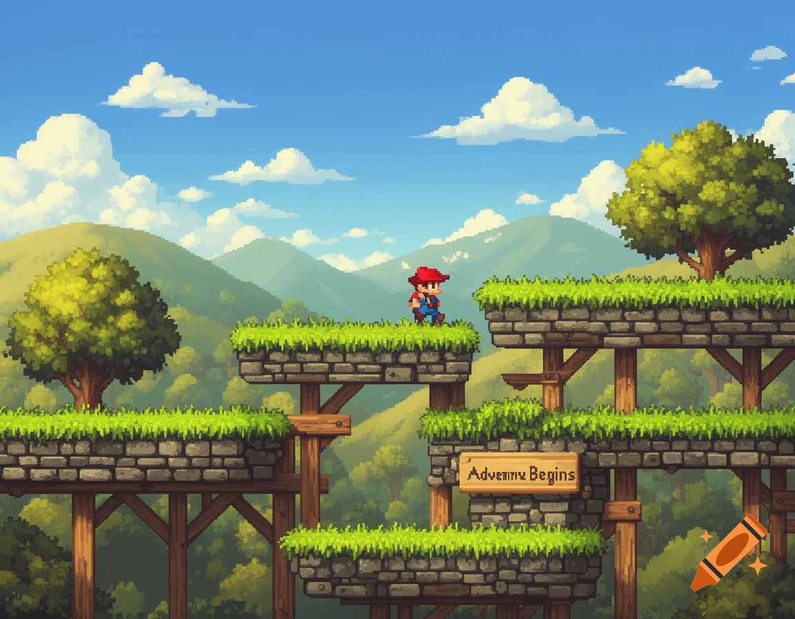 Pixel art 2D platformer scene with a small character on stone platforms, a sign reads 'Advenrre Begins', and green hills in the background.