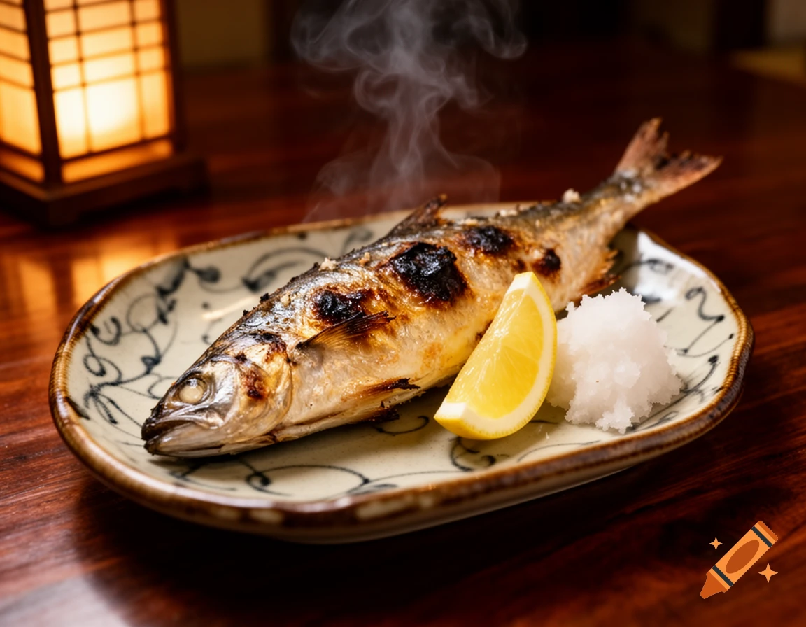 Steaming grilled fish on a decorative ceramic plate with lemon and grated daikon, in a warm-lit Japanese izakaya.