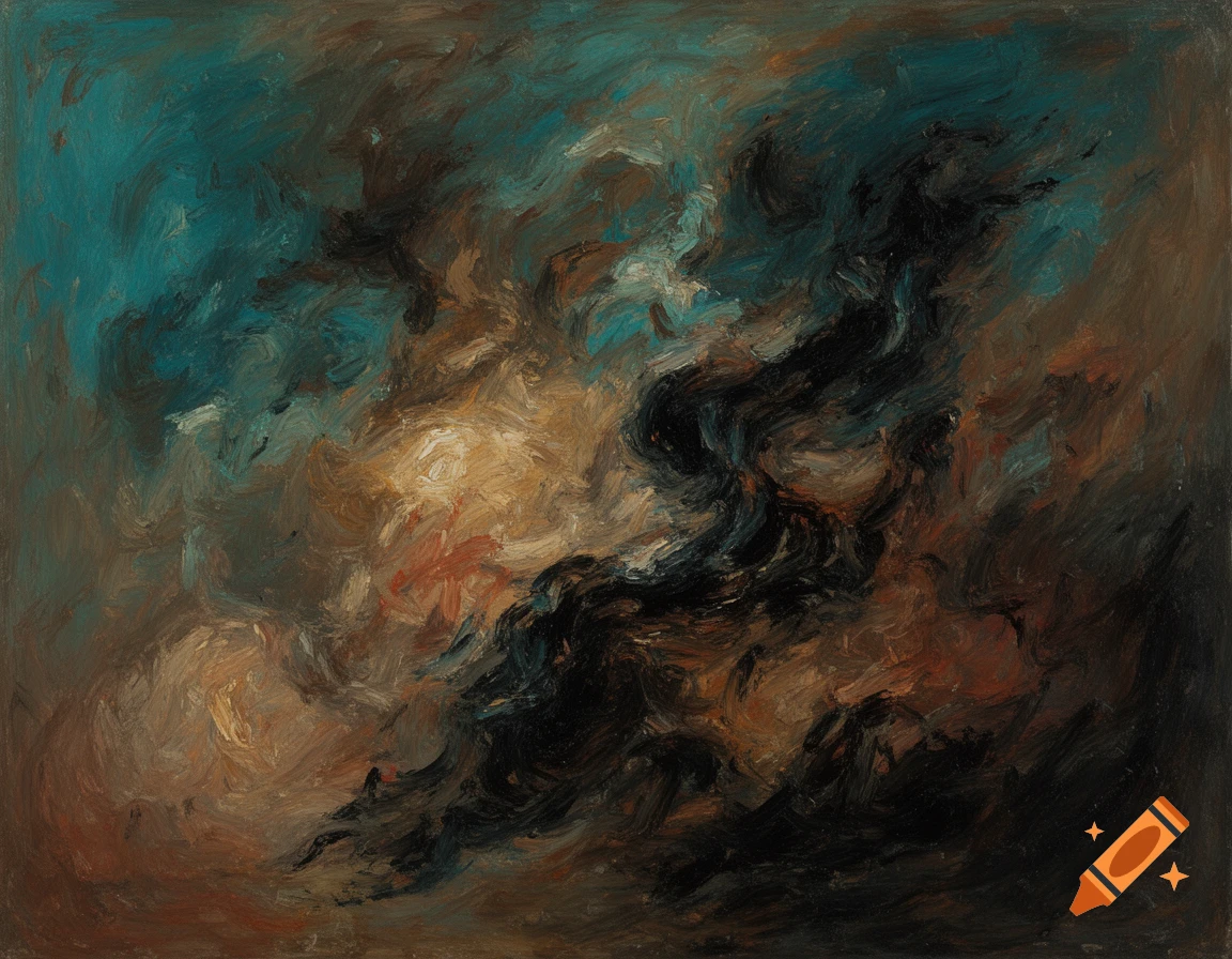 Abstract painting featuring thick, expressive brushstrokes in a swirling composition of teal, dark brown, and warm gold hues.