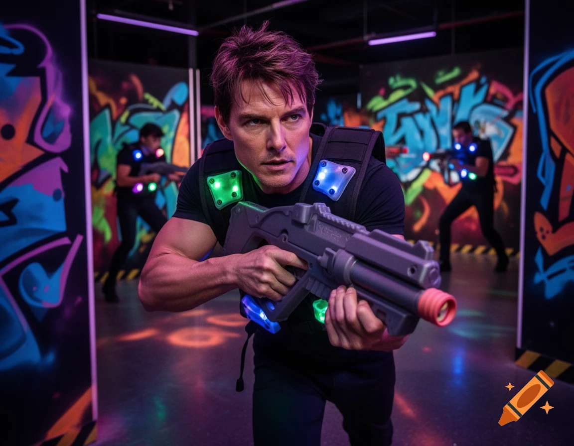 Tom Cruise in a laser tag vest and holding a laser gun, intensely focused in a neon-lit, graffiti-covered arena.