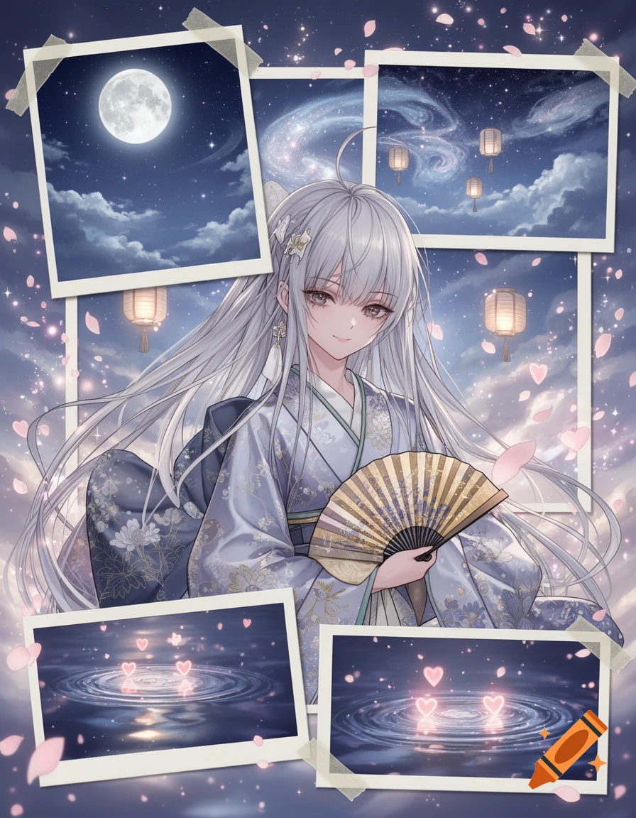 Elegant anime girl with long silver hair and fan in a dreamy celestial moodboard collage with moons, stars, lanterns, and hearts on water.