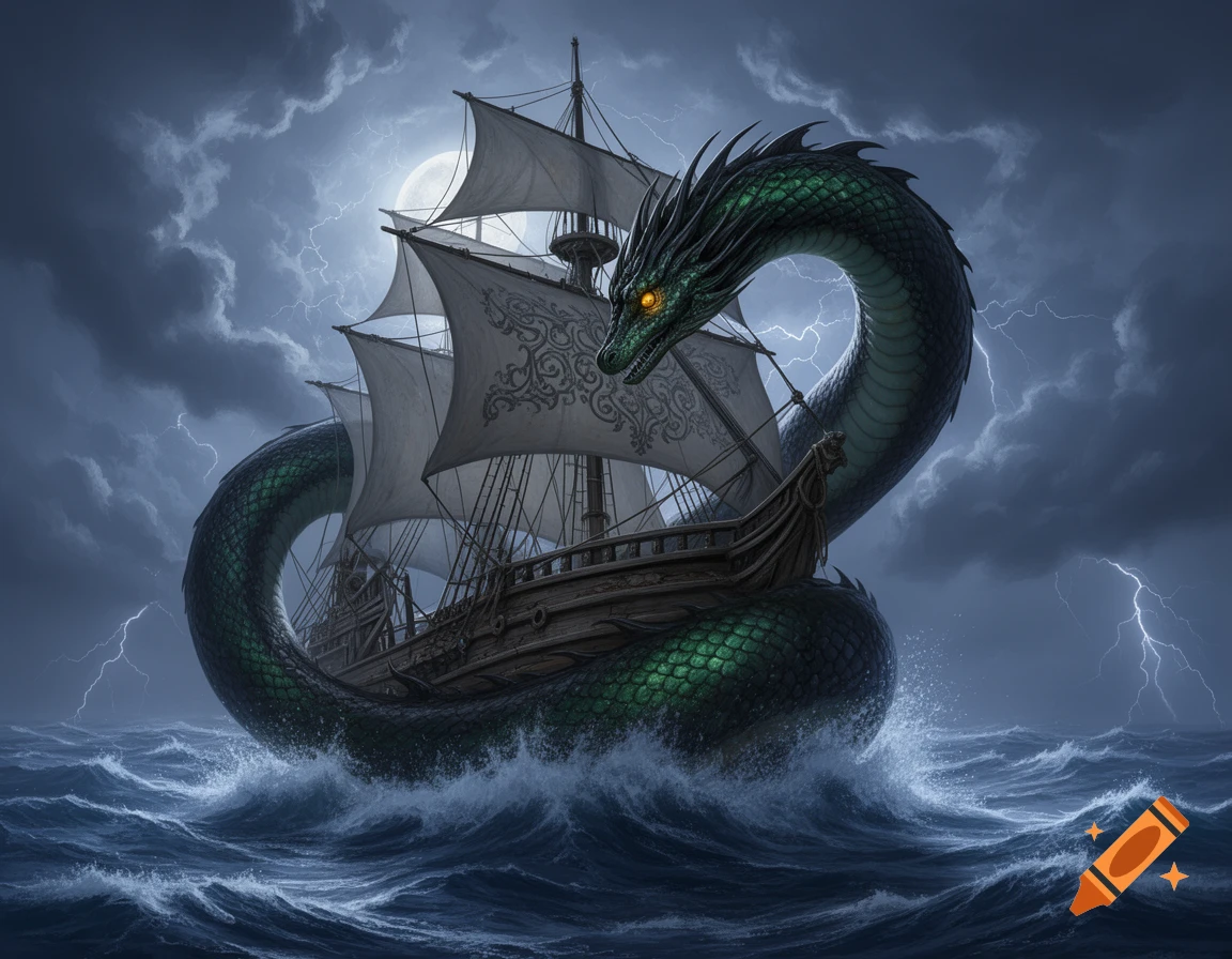 A colossal green sea serpent with glowing eyes wraps around a sailing ship during a stormy night with lightning and a full moon.