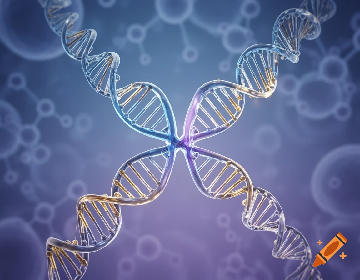 Two glowing, intertwined DNA double helices form an X-shape against a blurred blue and purple background with molecular structures.