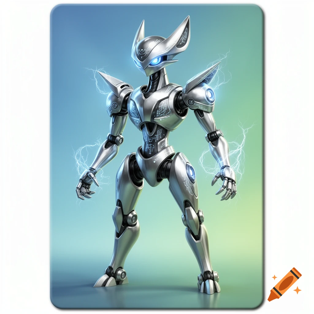 A sleek silver robot with cat-like ears and glowing blue accents ...