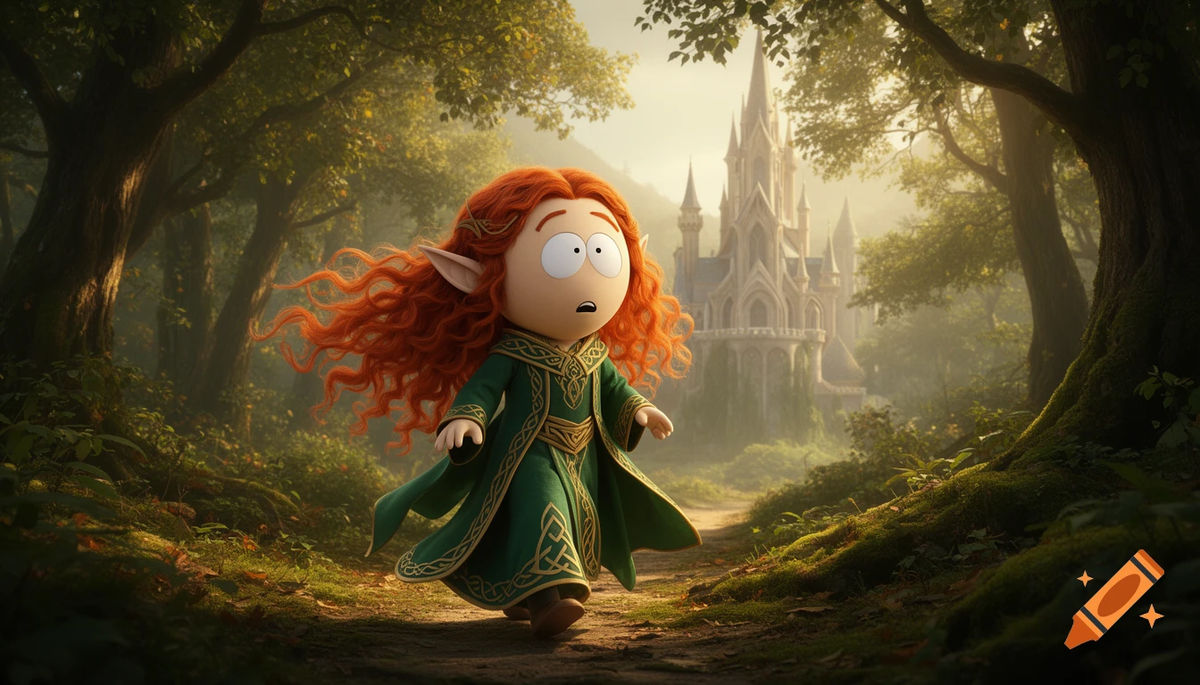 High elf Kyle from South Park walks on a mossy forest path towards a mystical castle in the distance.