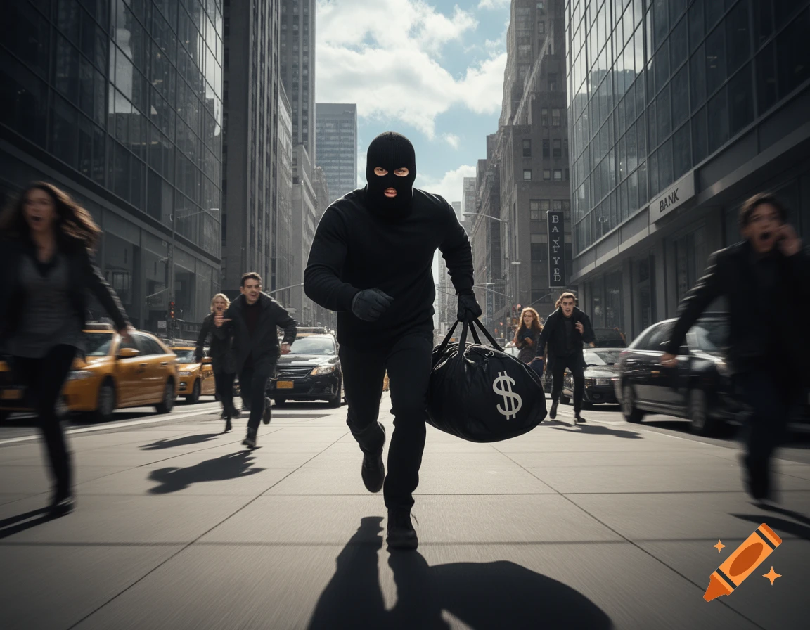 A masked robber in black runs down a city street, carrying a large bag with a dollar sign. People scatter and run in the background, with tall buildings and yellow taxis lining the street.