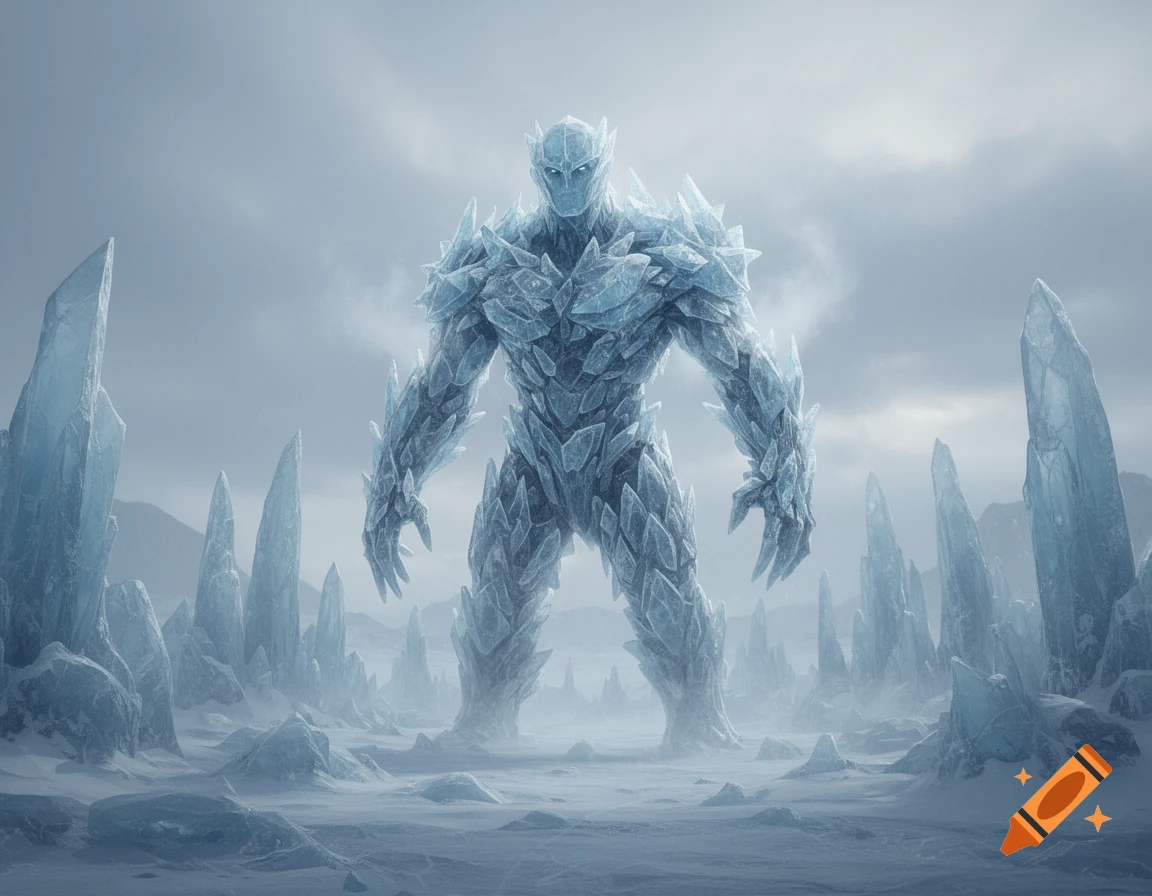 A large, muscular ice creature with glowing eyes stands in a desolate, frozen landscape among jagged ice formations.