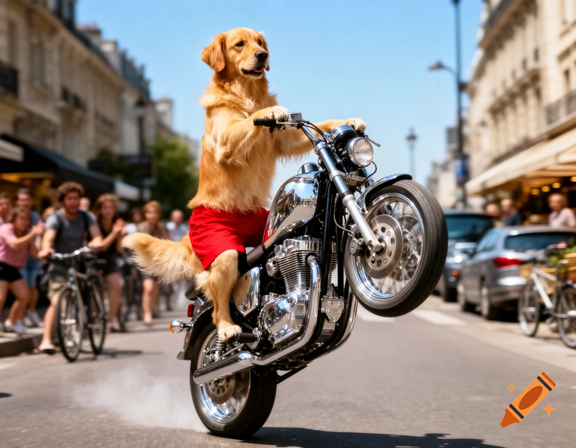 A photorealistic golden retriever in red shorts does a wheelie on a chrome motorcycle on a city street.