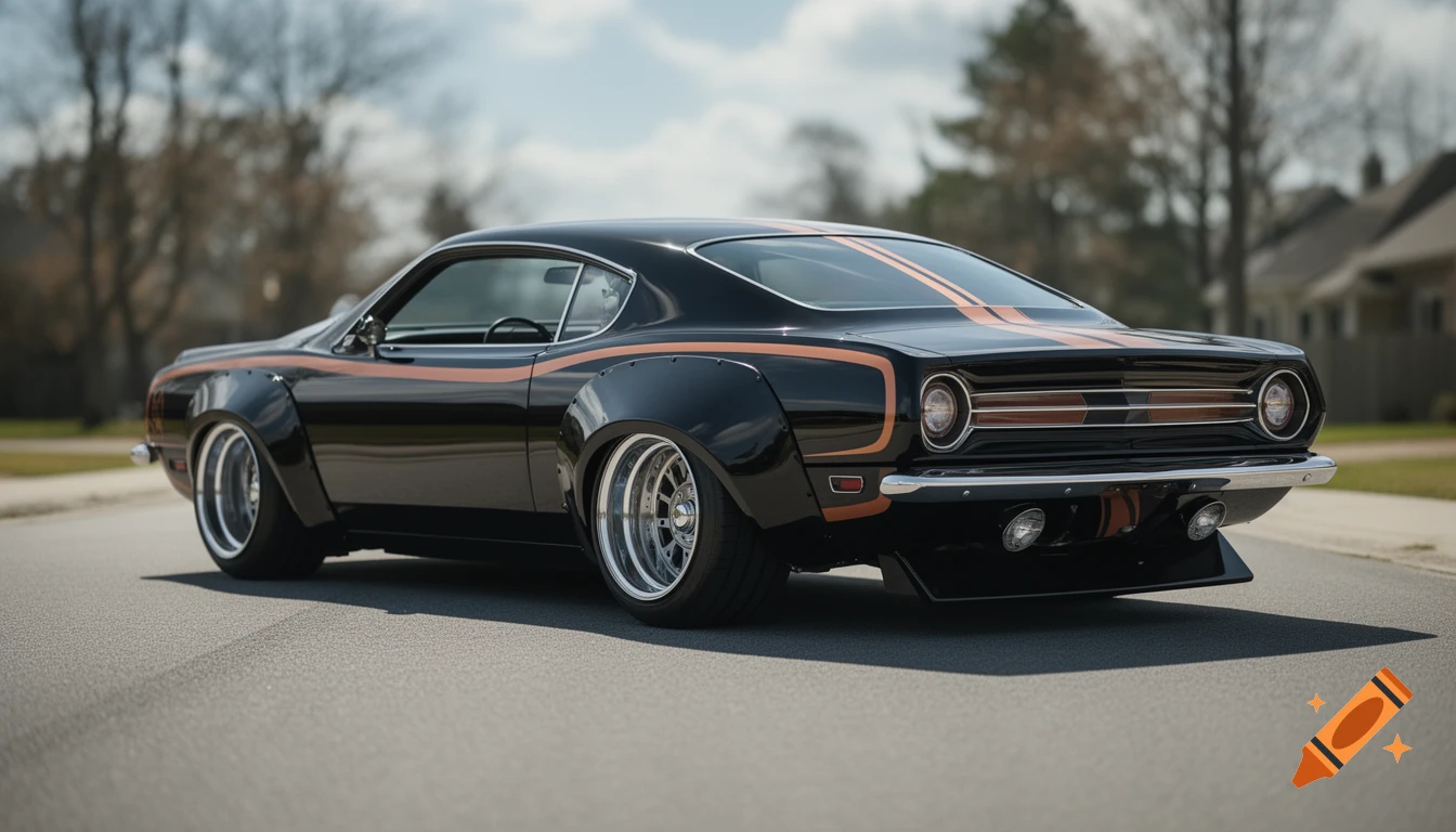 A black 1968 Plymouth Barracuda notchback with copper racing stripes and a widebody kit, parked on an asphalt road.