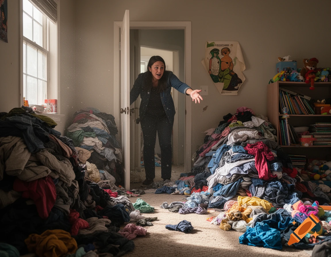 A parent reacts with surprise to a child's extremely messy room, filled with high piles of clothes on the floor, in a photorealistic style.