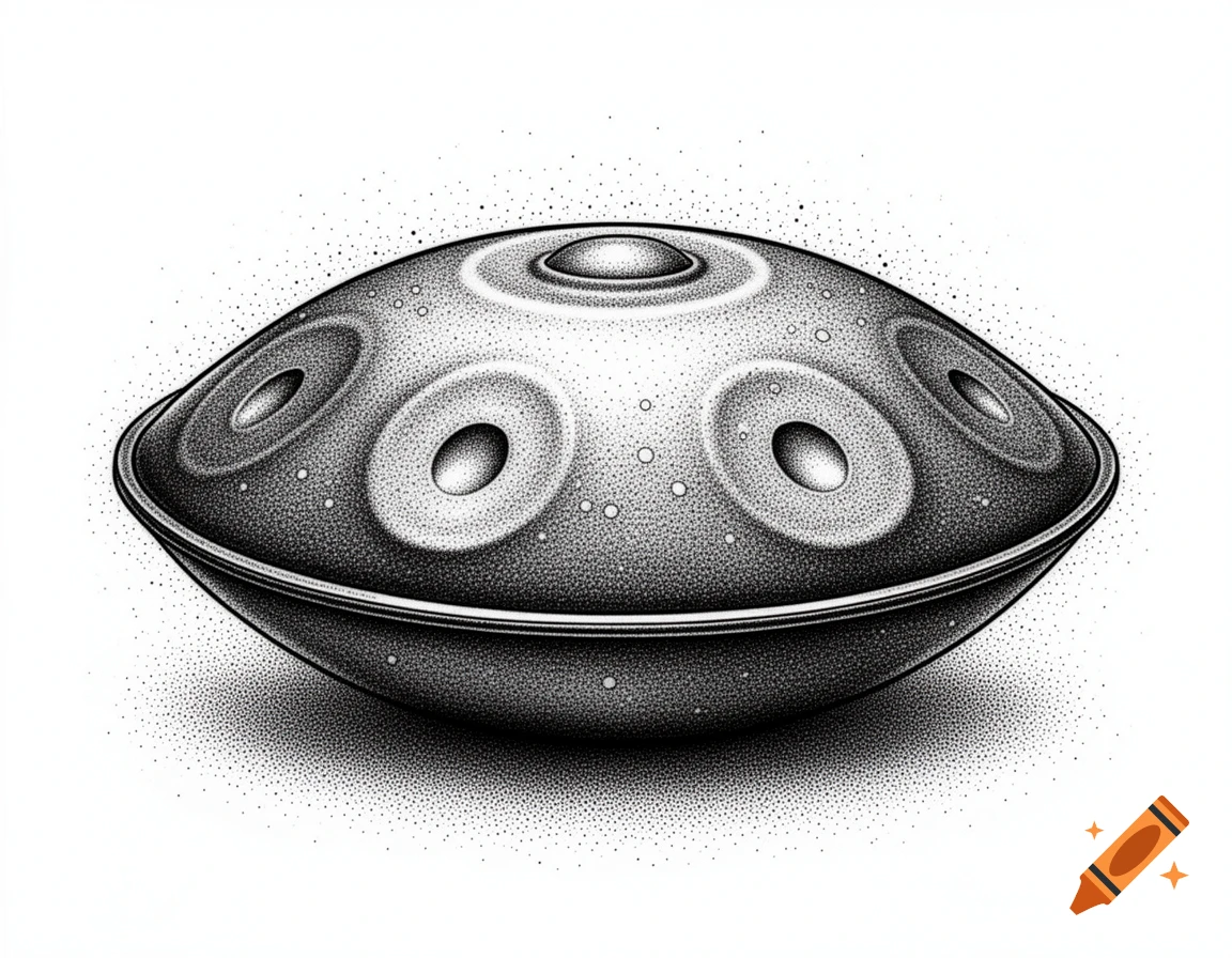 Black and white dotwork illustration of a handpan musical instrument.