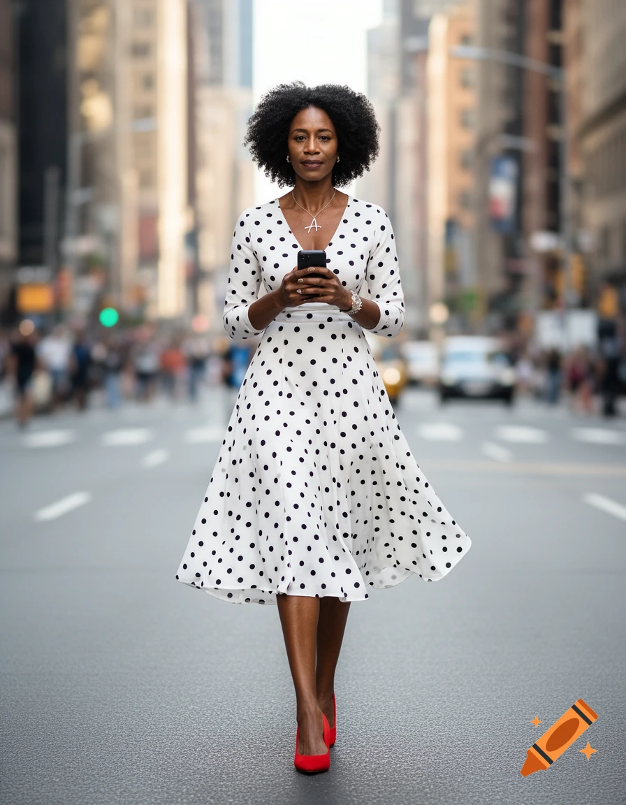 A Black woman in a white polka dot dress and red heels walks down a city street, holding a phone.