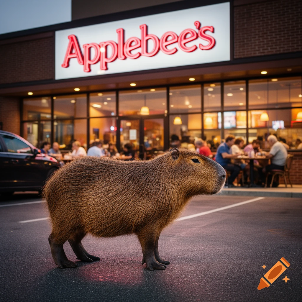A photorealistic capybara stands in a parking lot in front of an Applebee's restaurant at dusk.