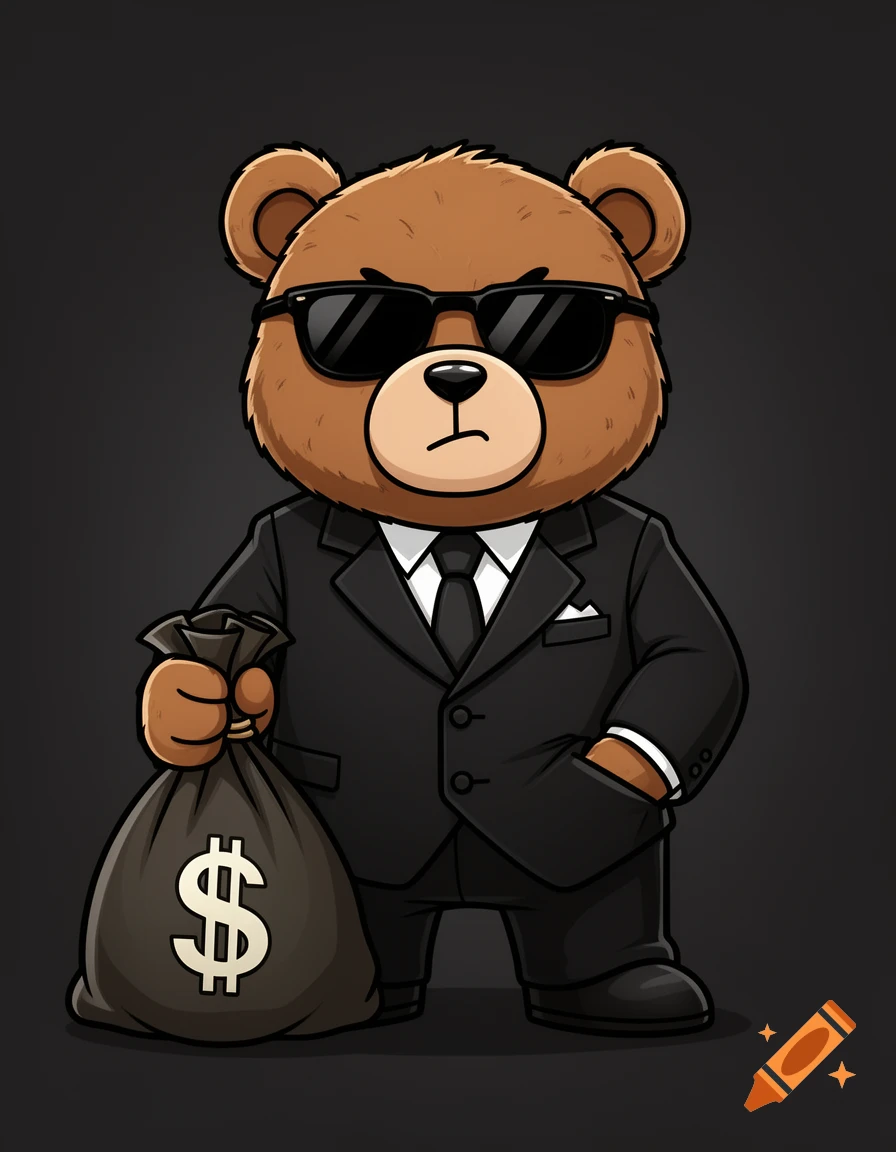 Cartoon teddy bear in a black suit and sunglasses, holding a money bag, against a dark background in a strong style.