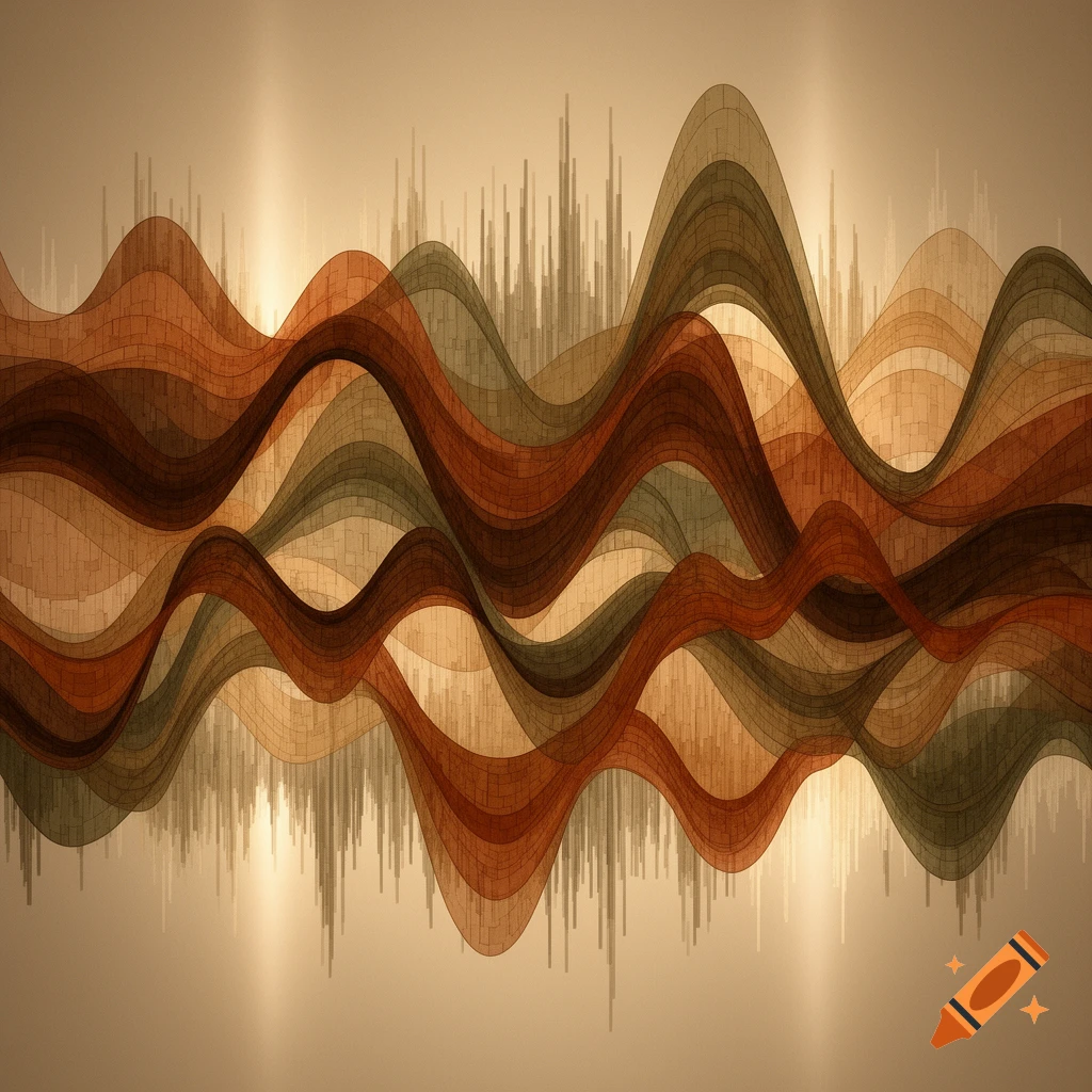 Abstract digital art featuring undulating mosaic audio waves in earth tones with vertical bars.