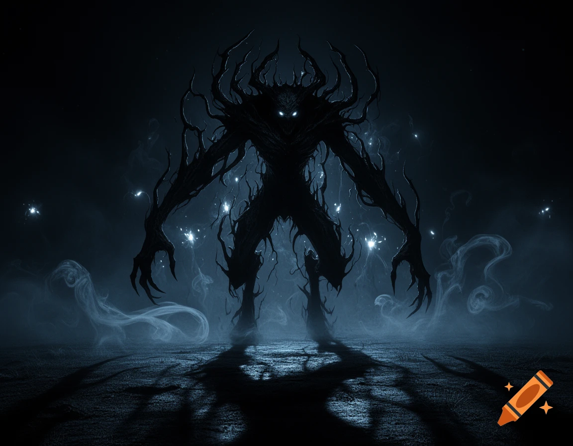 A dark, monstrous shadow creature with glowing eyes and clawed hands ...