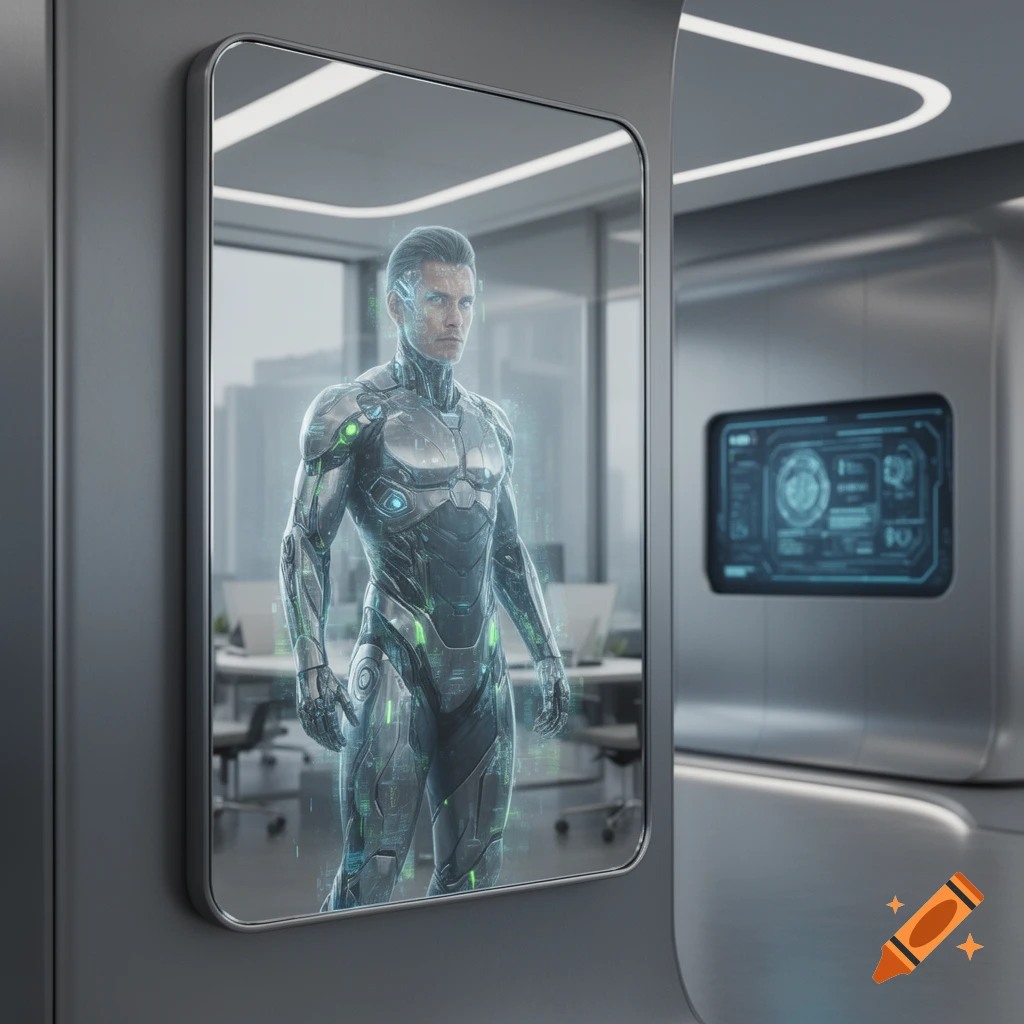Photorealistic image of a futuristic cyborg-like figure with glowing accents reflected in a mirror in a modern office.