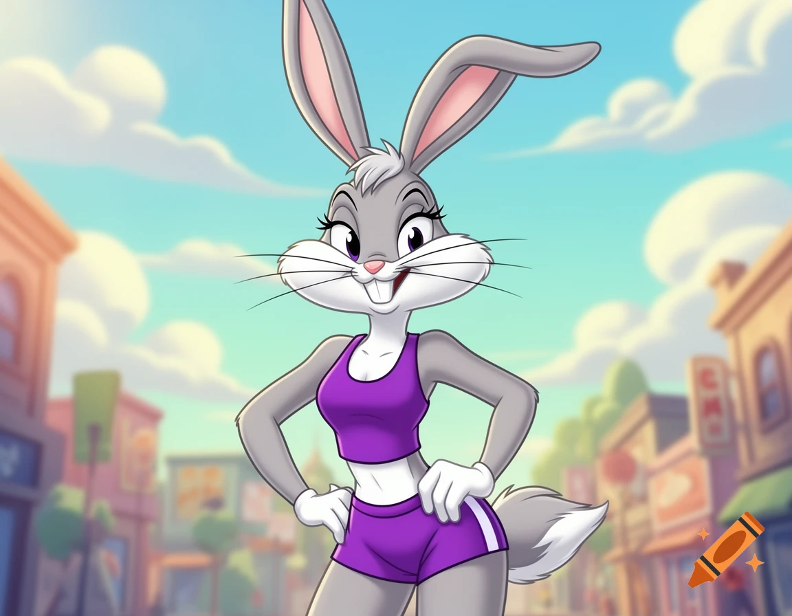 A confident cartoon bunny character in a purple crop top and shorts stands outdoors.