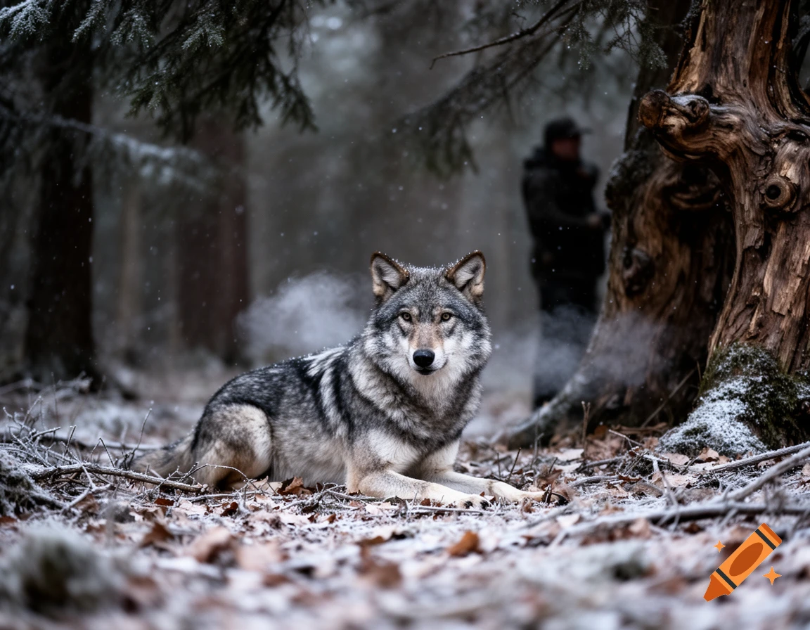 A photorealistic image of a grey wolf lying in a snowy forest, with a blurred hunter standing behind a tree in the background.
