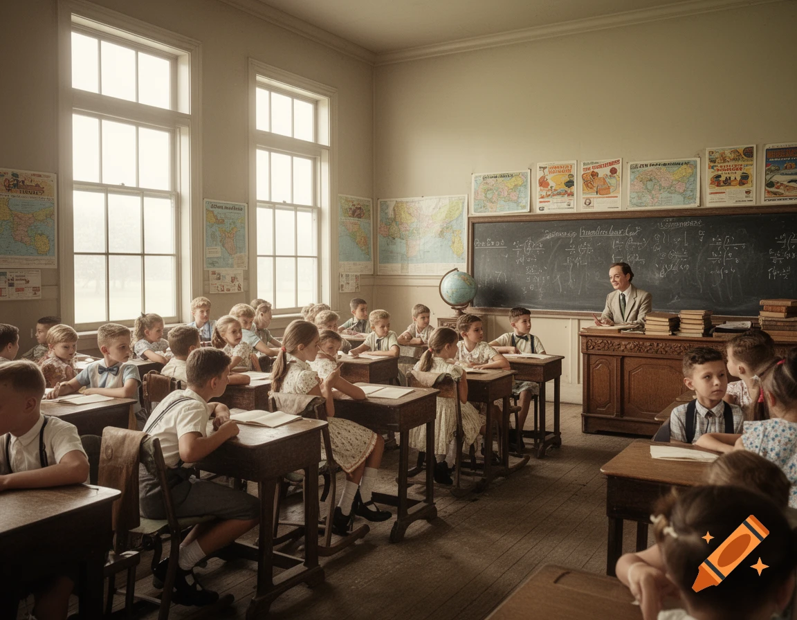 A photorealistic image of a 1950s classroom with numerous young students seated at wooden desks and a male teacher standing at the blackboard.