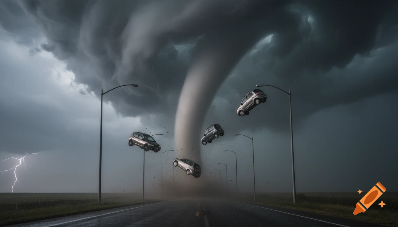 A powerful tornado lifts several cars into the stormy sky above a wet road with streetlights, with lightning striking in the distance.