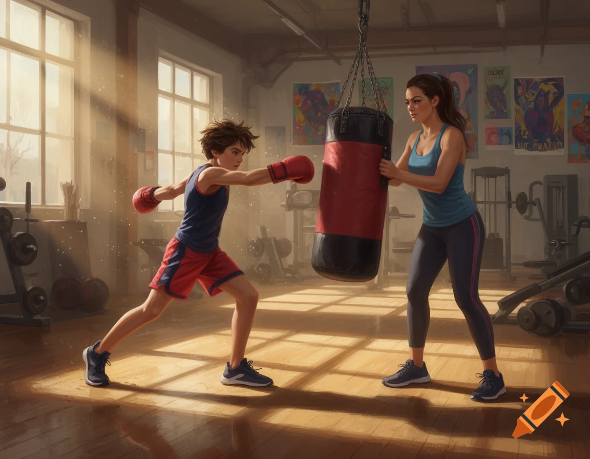A boy in red boxing gloves punches a red and black heavy bag held by a woman in a sunlit gym.