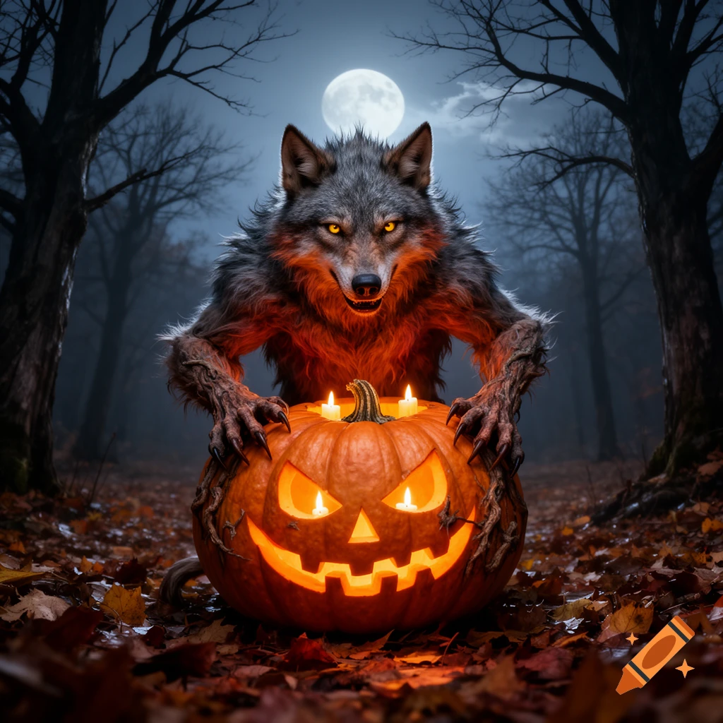 A photorealistic werewolf with glowing eyes stands over a glowing jack-o'-lantern in a dark, moonlit forest.