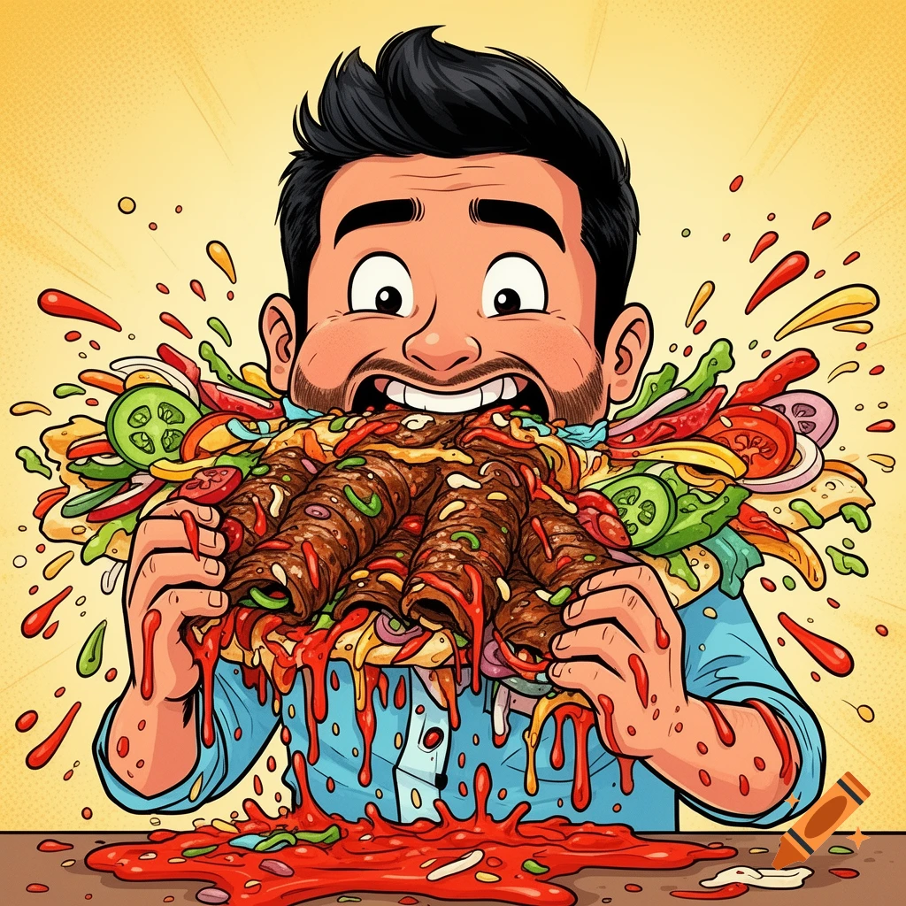 A cartoon man with an exaggerated expression devours a giant, messy doner kebab, spilling sauce.