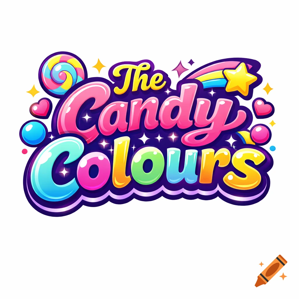 Vibrant vector logo for 'The Candy Colours' with glossy pink, blue, green, and yellow bubbly text, candy swirl, hearts, and sparkles.