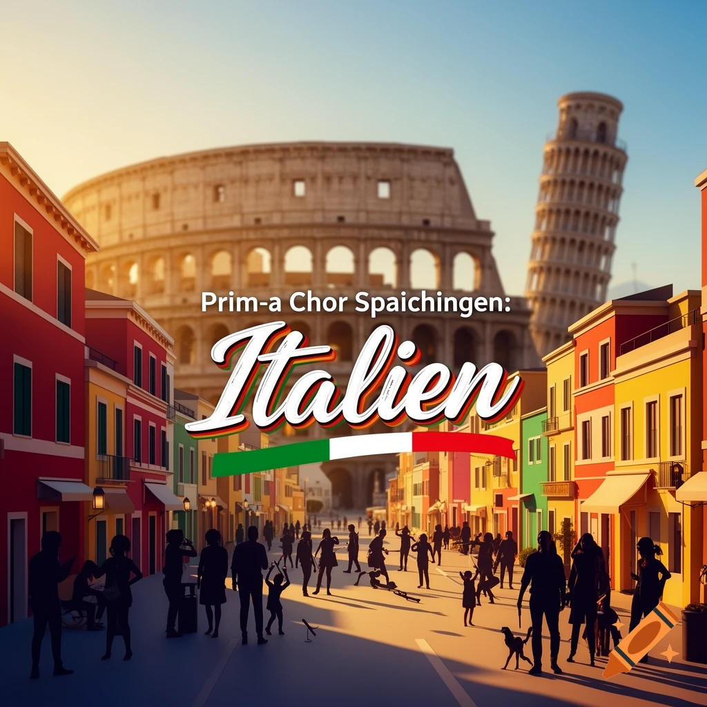 A stylized Italian street scene with the Colosseum and Leaning Tower of Pisa in the background, text reads 'Prim-a Chor Spaichingen: Italien' with an Italian flag below.