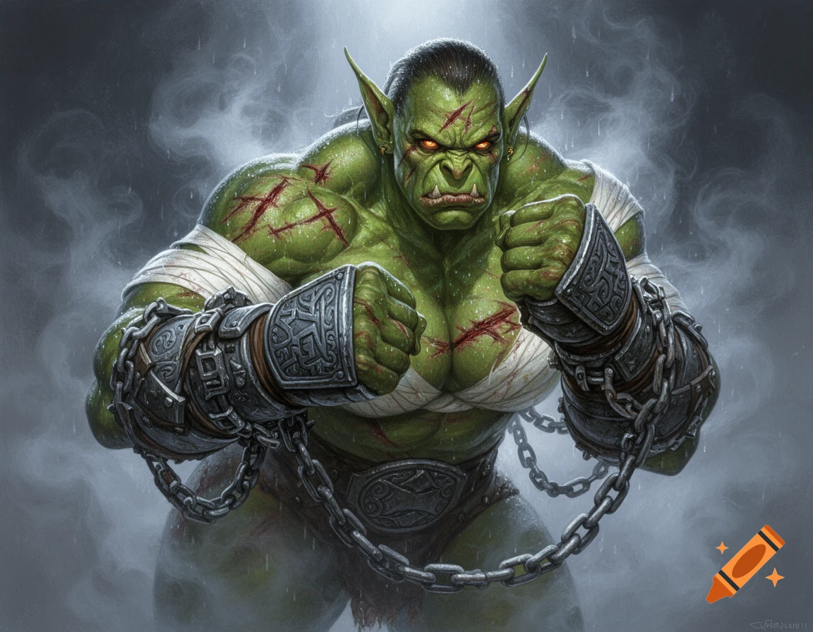 A muscular green-skinned female orc with glowing red eyes, scars, bandages, and heavy metal gauntlets with chains, stands in a foggy atmosphere in a fantasy art style.
