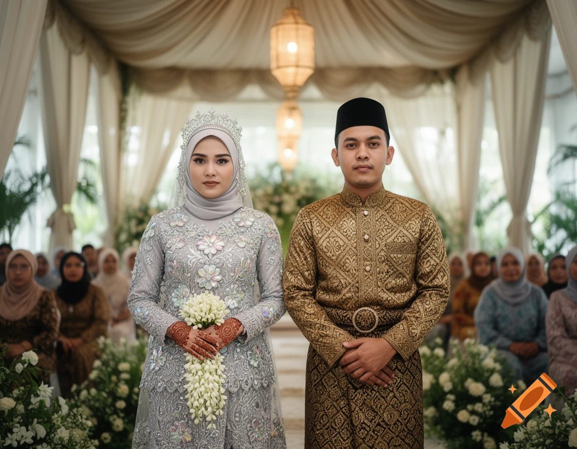 A Malay bride and groom in elaborate traditional attire stand looking forward at their indoor wedding ceremony.