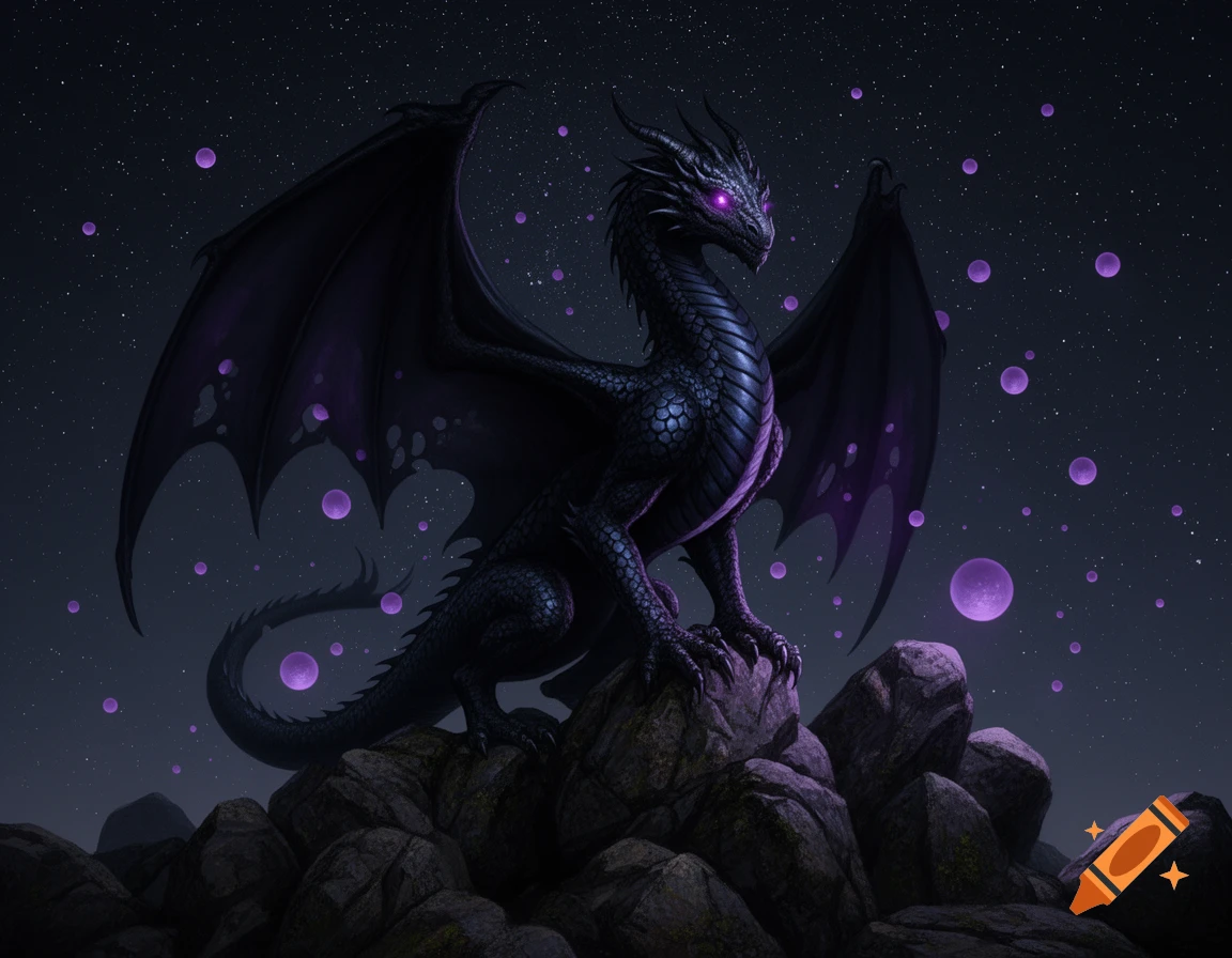 A majestic black dragon with glowing purple eyes and scales sits on rocks against a starry night sky, surrounded by purple orbs.
