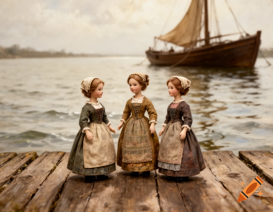 Three dolls in historical attire stand on a wooden dock by a river, with a sailboat in the background, in a Barbizon style.