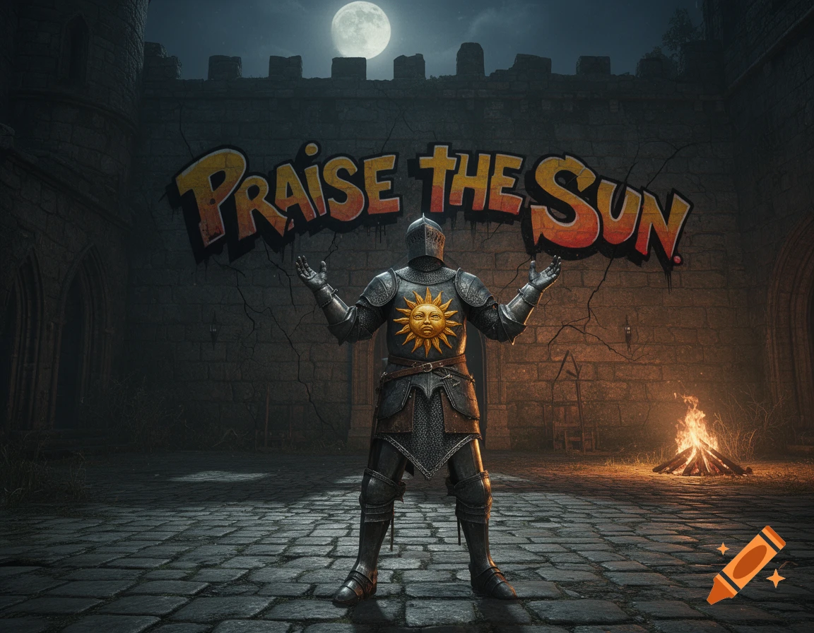 A knight in dark armor with a sun emblem on his chest stands in a castle courtyard, arms outstretched towards "Praise the Sun" graffiti on a wall, under a full moon, with a bonfire nearby.