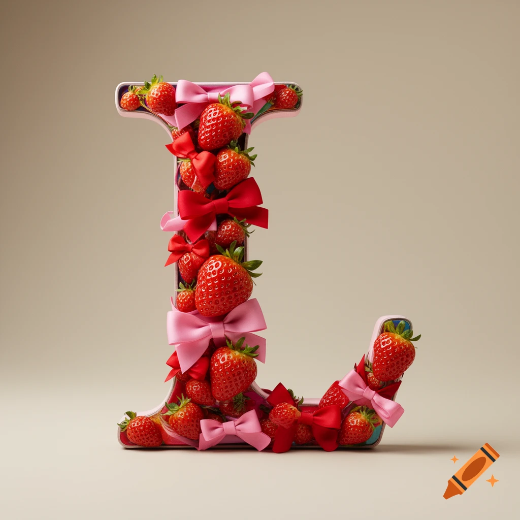 Photorealistic 3D letter L made from fresh red strawberries and decorative pink and red bows on a simple background.