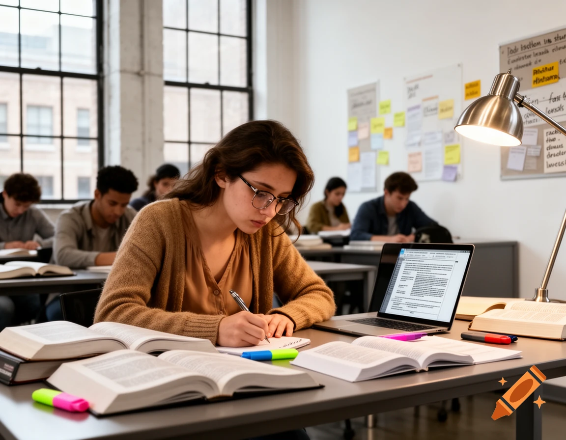A young woman in glasses studies intently at a desk with open books and a laptop, surrounded by other students in a bright classroom.