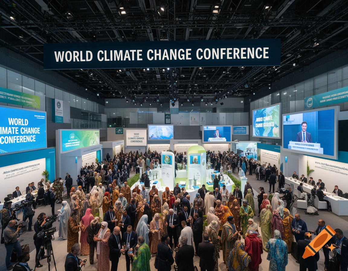A large indoor climate change conference hall filled with a diverse crowd of people, many in traditional attire, with screens displaying the conference title.