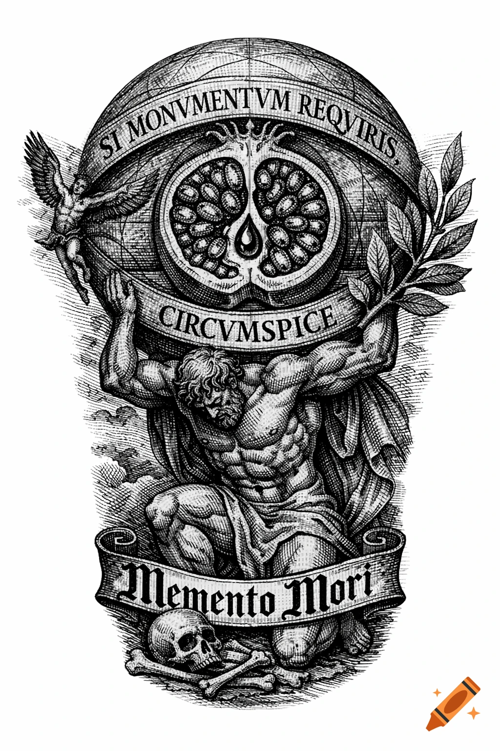 Black and white gothic engraving of Atlas holding a globe with a pomegranate, flanked by Icarus and laurel, with "Memento Mori" on a banner.