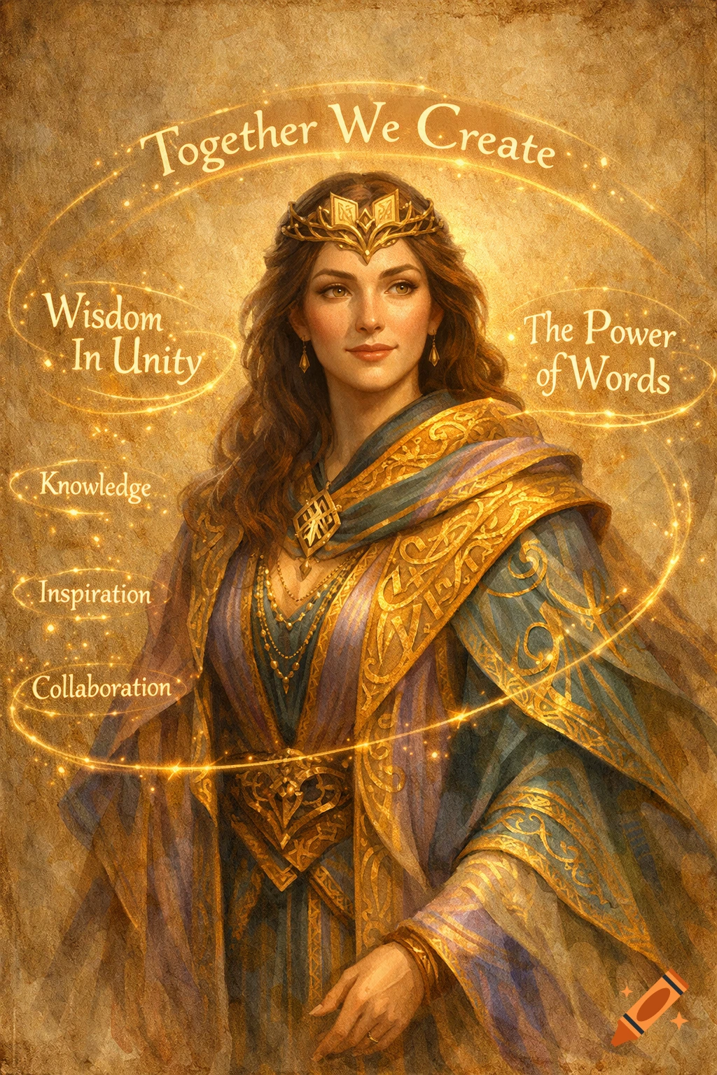 Fantasy portrait of a wise queen in golden robes and crown, surrounded by glowing inspirational text like 'Together We Create'.
