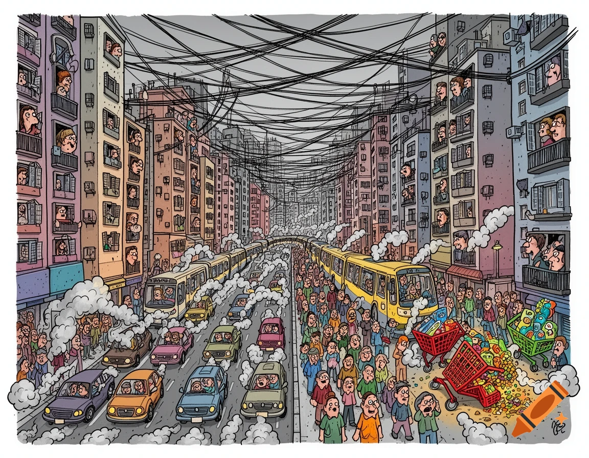 A crowded cartoon cityscape filled with tall buildings, many people, cars, buses, and tangled overhead electrical wires, illustrating urban overpopulation.