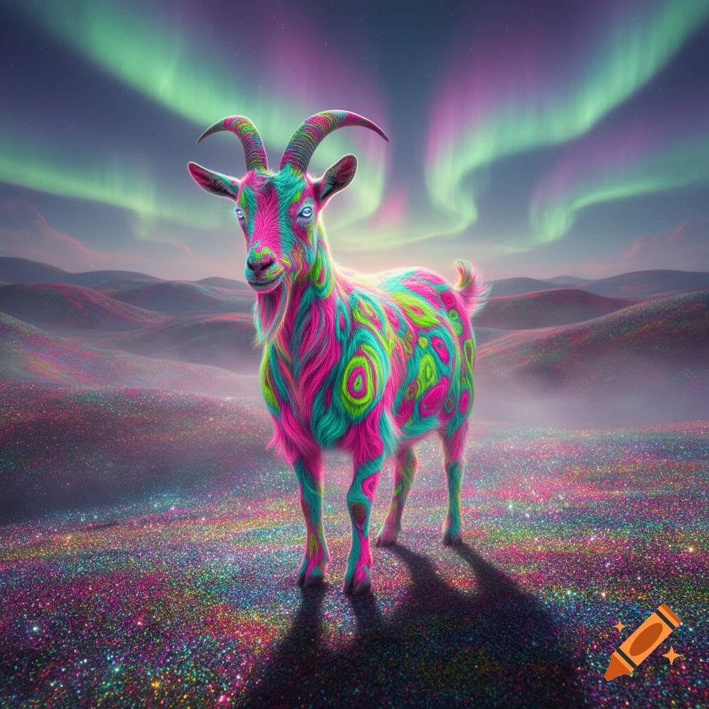 A vividly colorful psychedelic goat with pink, green, and blue fur stands on a glittery landscape under an aurora borealis sky.