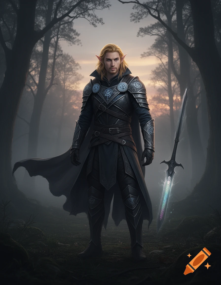 Blonde male elf in dark fantasy armor with a glowing sword stands in a ...