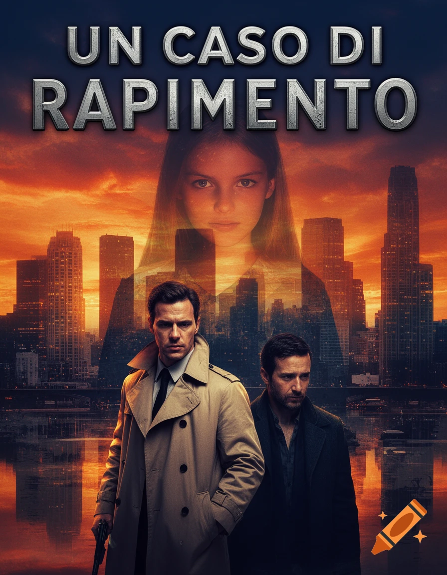 Photorealistic movie poster with text "UN CASO DI RAPIMENTO" above two men, one holding a gun, and a transparent young girl's face superimposed over a city at sunset.