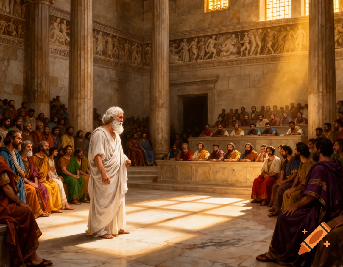 An old, white-bearded man in a white toga stands in a grand, sunlit ancient hall, speaking to a large assembly seated on benches.