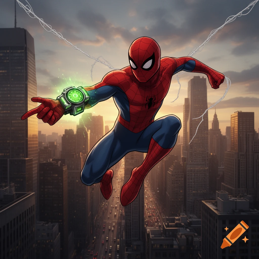 Spider-Man, wearing a glowing green Omnitrix, leaps through a city skyline at sunset in a dynamic comic art style.