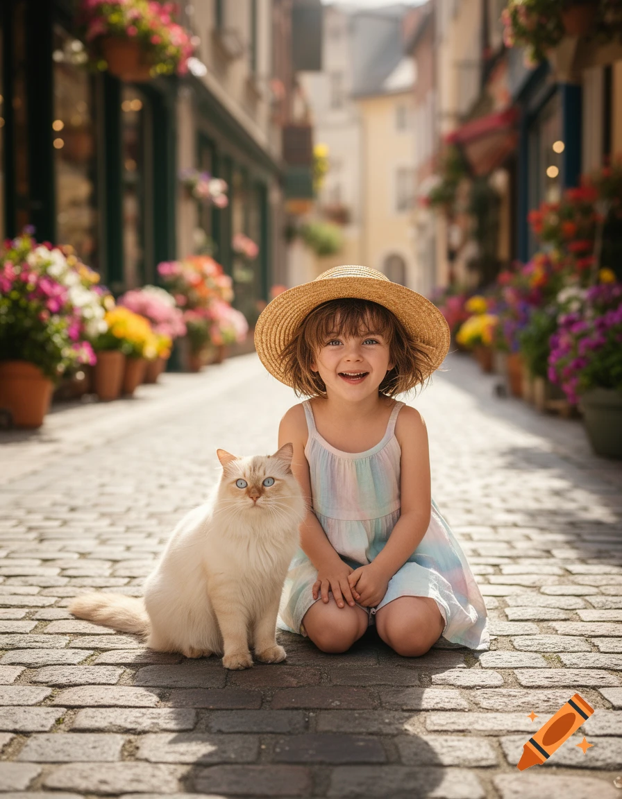 A smiling young girl with a straw hat kneels beside a fluffy white cat on a cobblestone street lined with buildings and potted flowers.