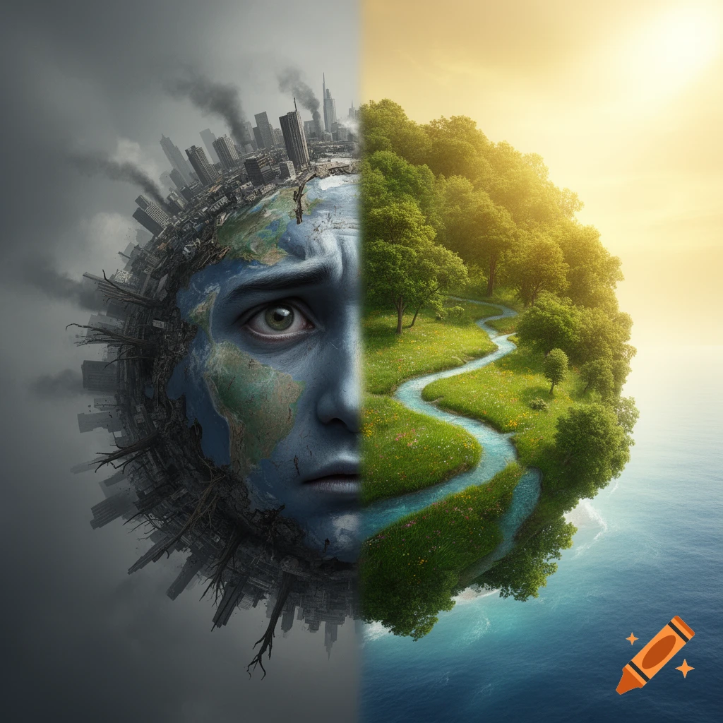 Split Earth: a sad human face on a polluted cityscape contrasts with a vibrant green natural landscape and ocean.