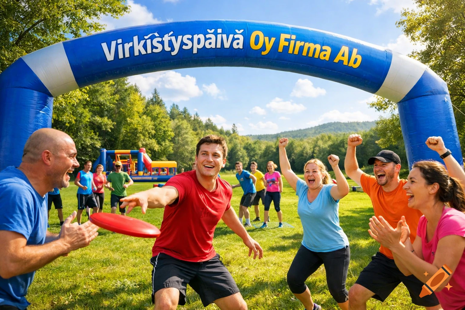 A group of diverse, happy adults play frisbee near an inflatable arch during an outdoor team-building event, with a bouncy castle in the background.